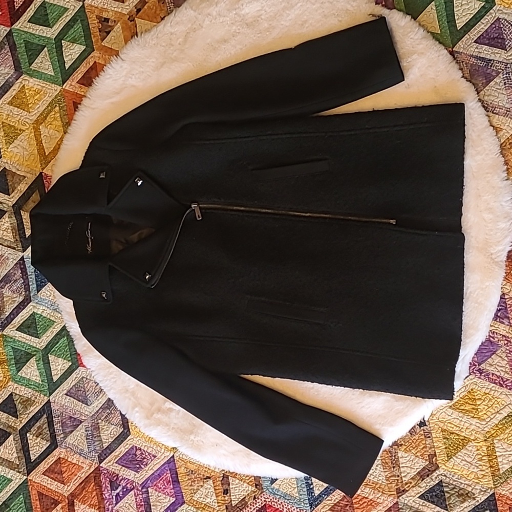 Kenneth Cole New York Black Moto Goth Style Stud Assymetical Wool Blend Peacoat